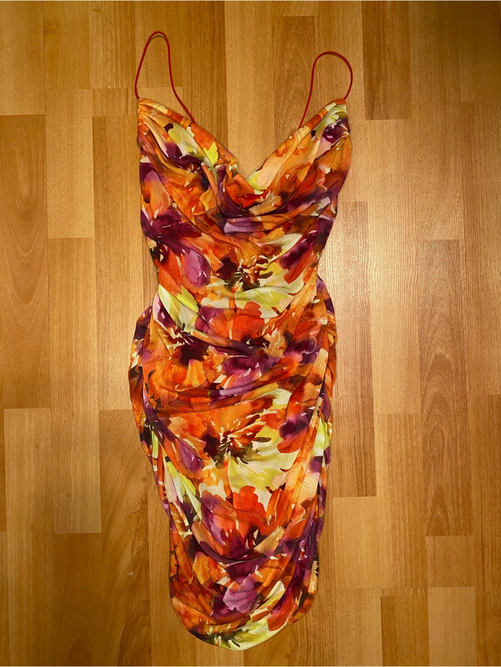 Garage Morgan Mesh Ruched Cami Dress in Orange Floral